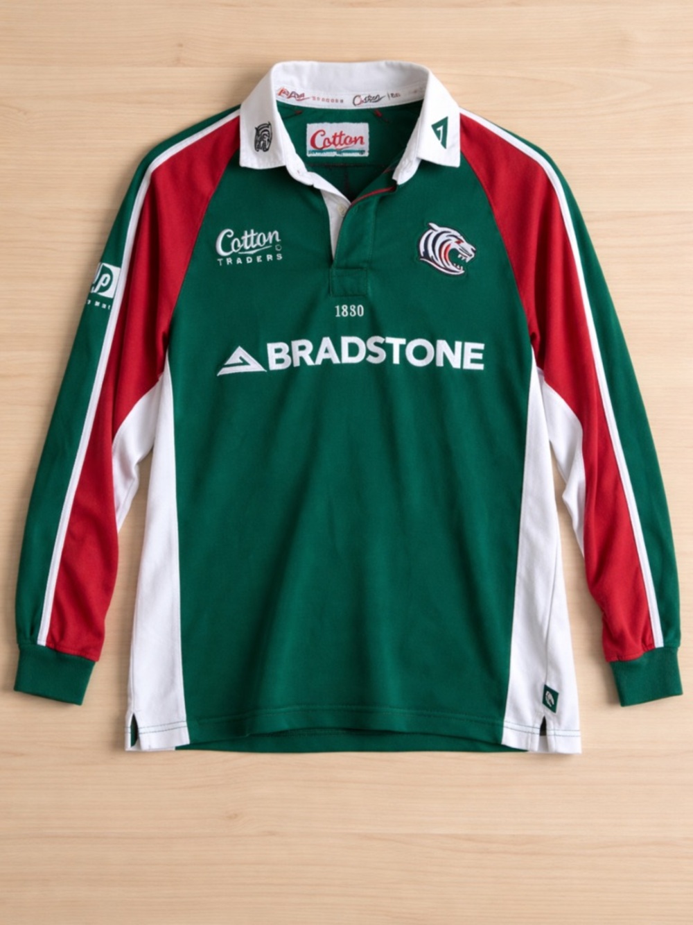 Cotton Traders Rugby Shirt Green Red White Long Sleeve Polo Tiger Logo Men’s S